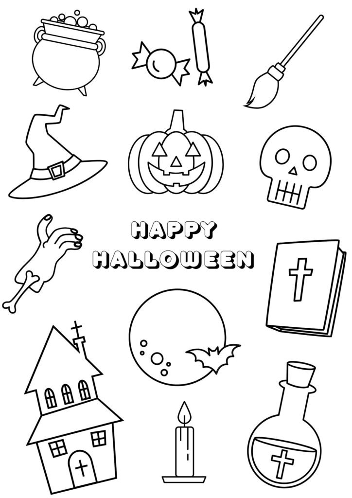 Black and White Happy Halloween Printable Coloring Page