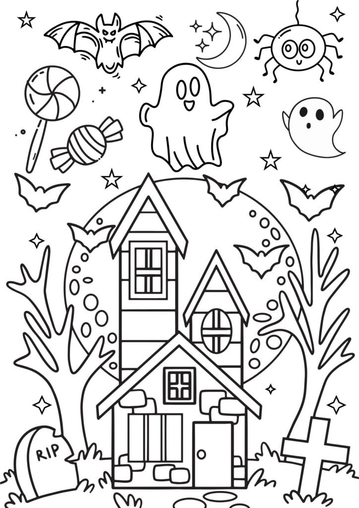 Black and White Illustrative Spooky Halloween Kids Coloring Page Worksheet 