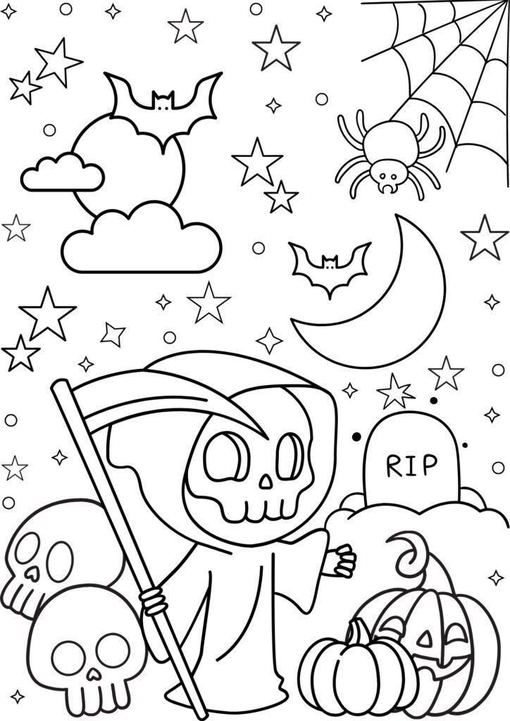 Black and White Linear Halloween Characters  Kids Coloring Page