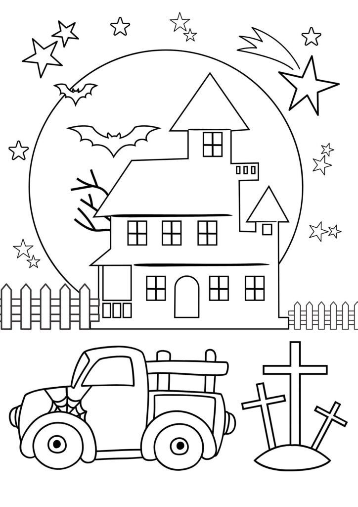 Black and White Linear Halloween Kids Printable Coloring page 