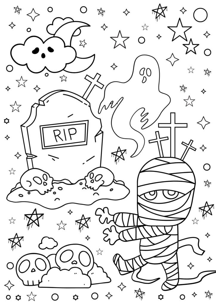 Black and White Linear Spooky Halloween Printable Children Coloring Page 