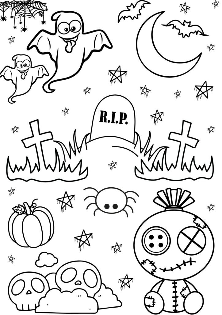 Black and White Spooky Halloween Coloring Page Kids Worksheet 