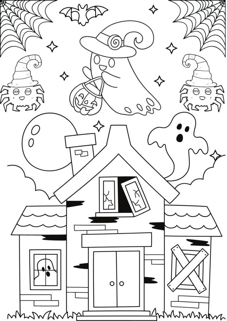 Black and White playful Halloween Linear Coloring Page Worksheet 