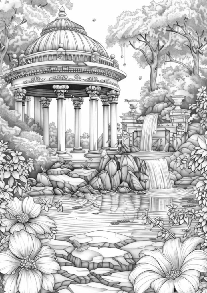 Serene garden with waterfall and temple