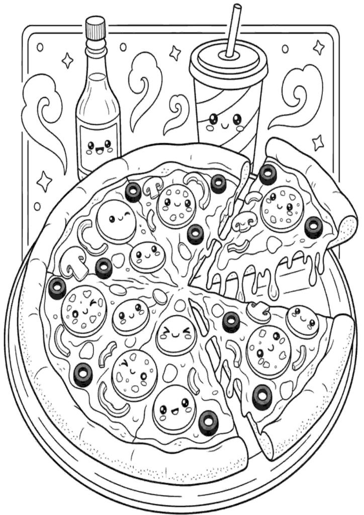 Food coloring pages featuring cute and fun printable food illustrations for kids and adults