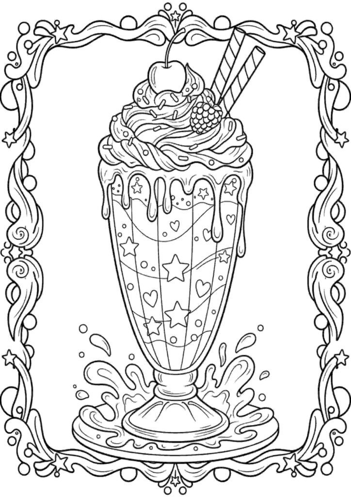 Food coloring pages featuring cute and fun printable food illustrations for kids and adults
