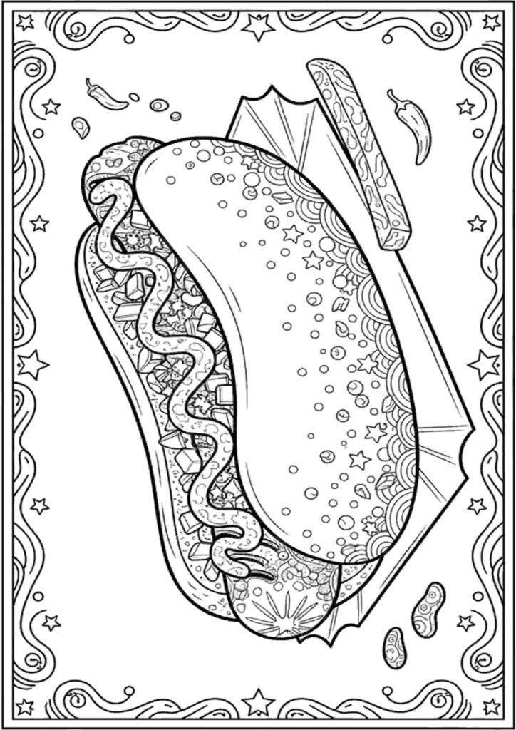 Food coloring pages featuring cute and fun printable food illustrations for kids and adults