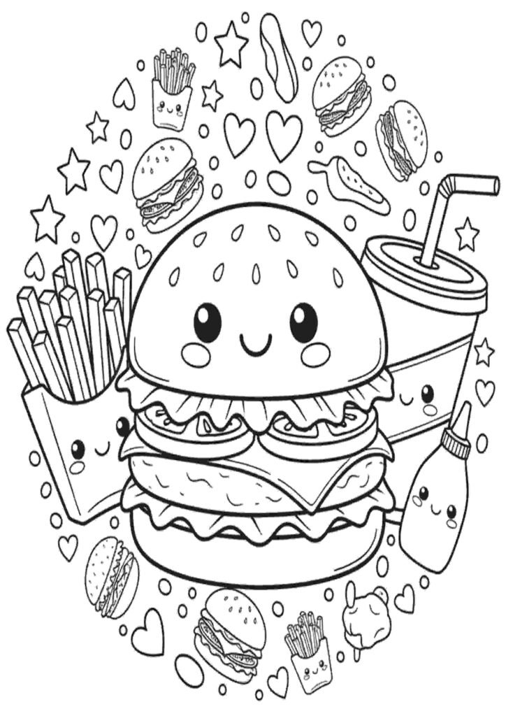 Food coloring pages featuring cute and fun printable food illustrations for kids and adults