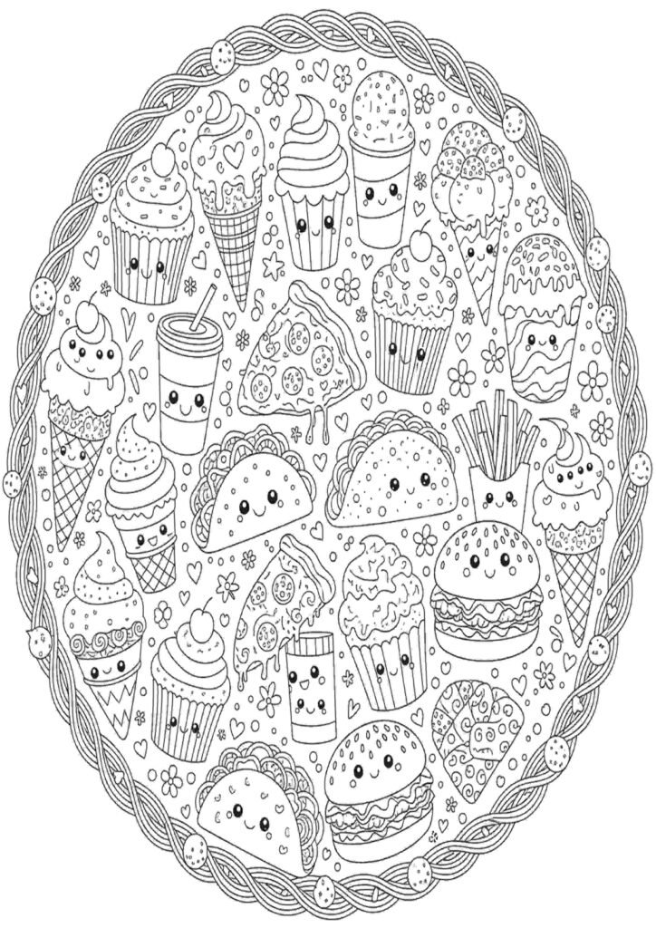 Food coloring pages featuring cute and fun printable food illustrations for kids and adults