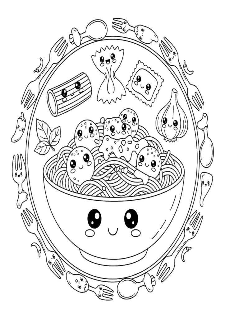 Food coloring pages featuring cute and fun printable food illustrations for kids and adults