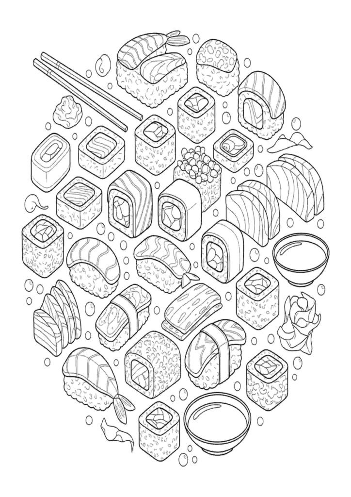 Food coloring pages featuring cute and fun printable food illustrations for kids and adults