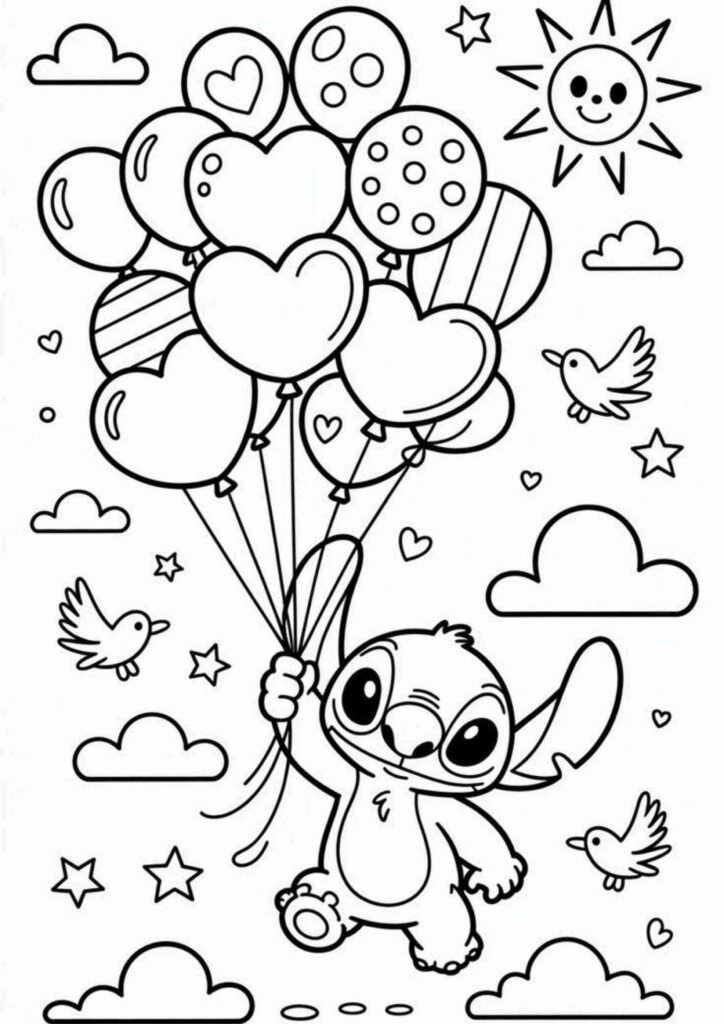Stitch coloring page showing a happy cartoon character