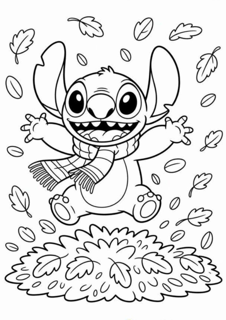 Stitch coloring page showing a happy cartoon character