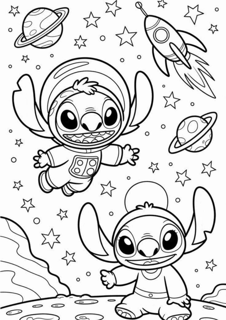 Stitch coloring page showing a happy cartoon character
