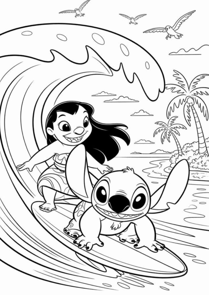 Stitch coloring page showing a happy cartoon character