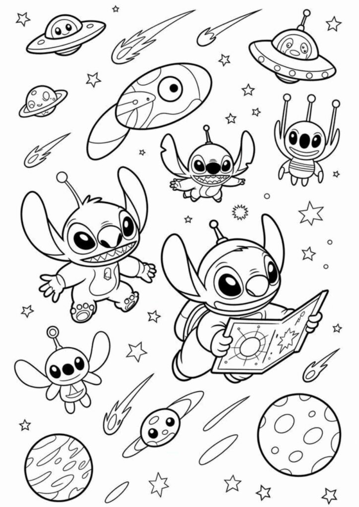 Stitch coloring page showing a happy cartoon character