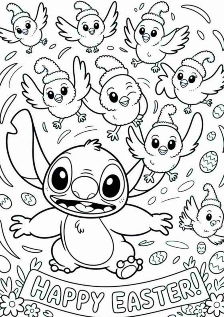Stitch coloring page showing a happy cartoon character