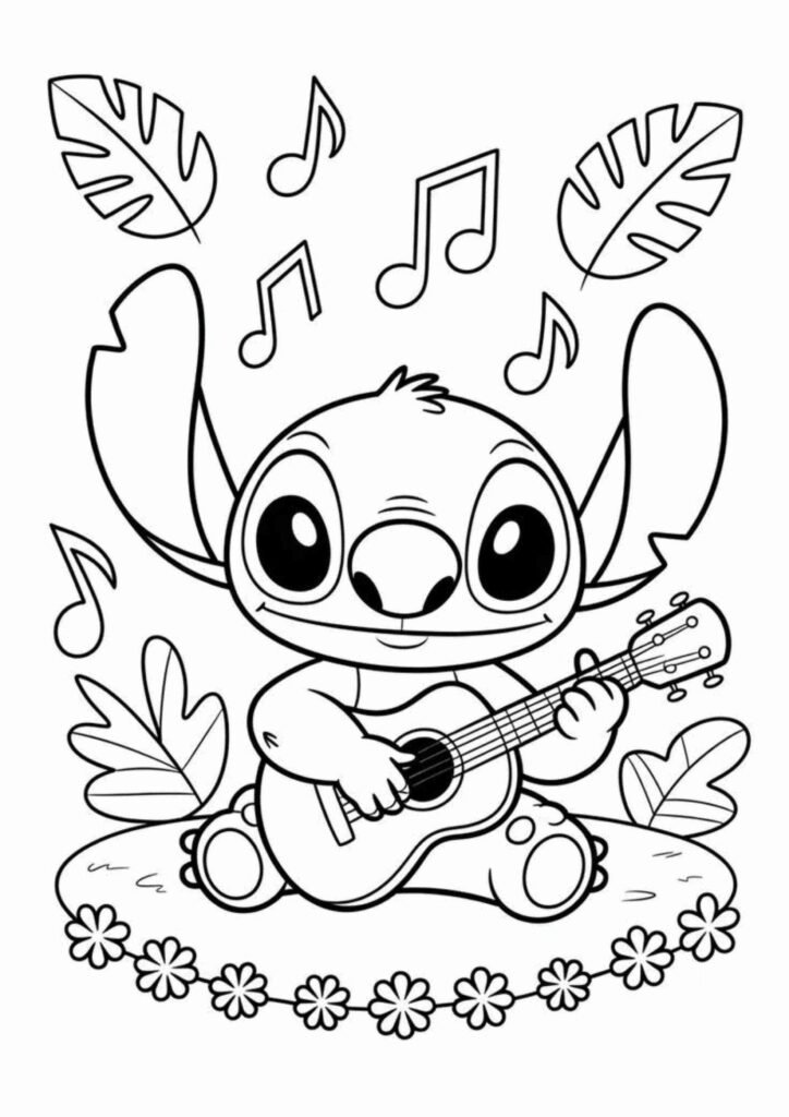 Stitch coloring page showing a happy cartoon character