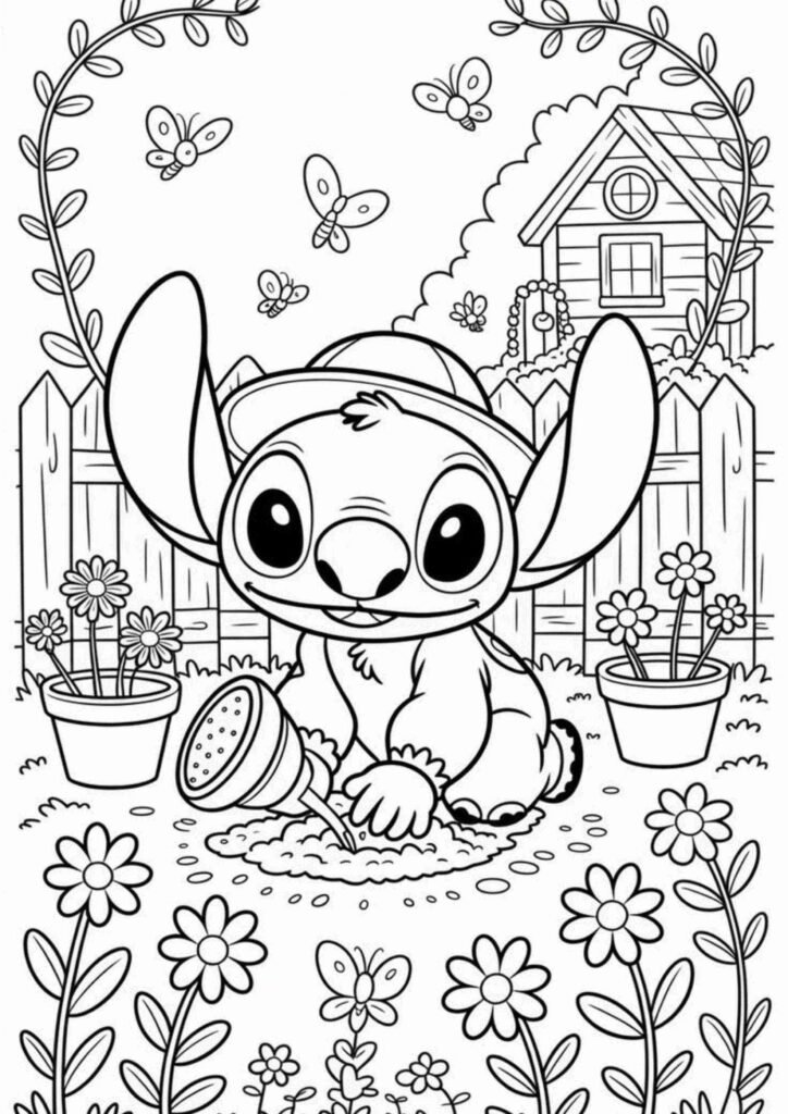 Stitch coloring page printable with big eyes and playful pose