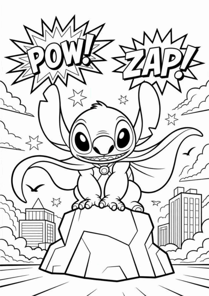 Stitch coloring page printable with big eyes and playful pose