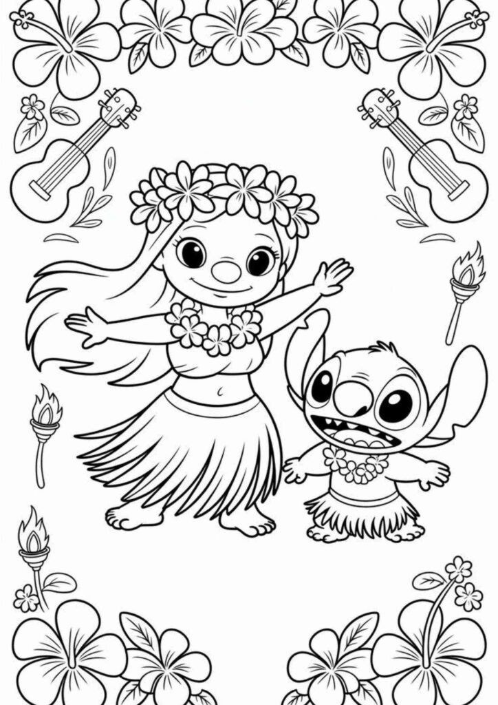 Stitch coloring page printable with big eyes and playful pose