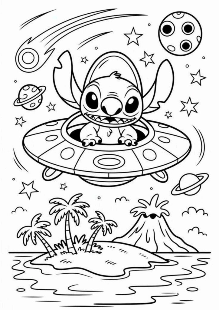 Stitch coloring page sitting and waving for free printable