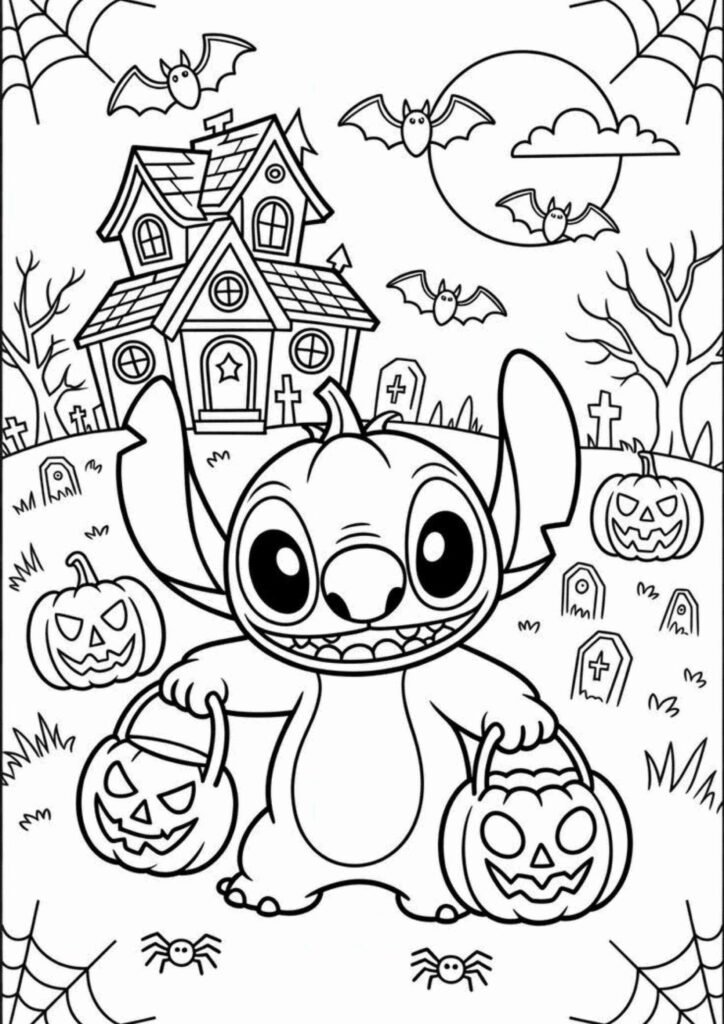 Stitch coloring page for kids featuring a cute smiling Stitch