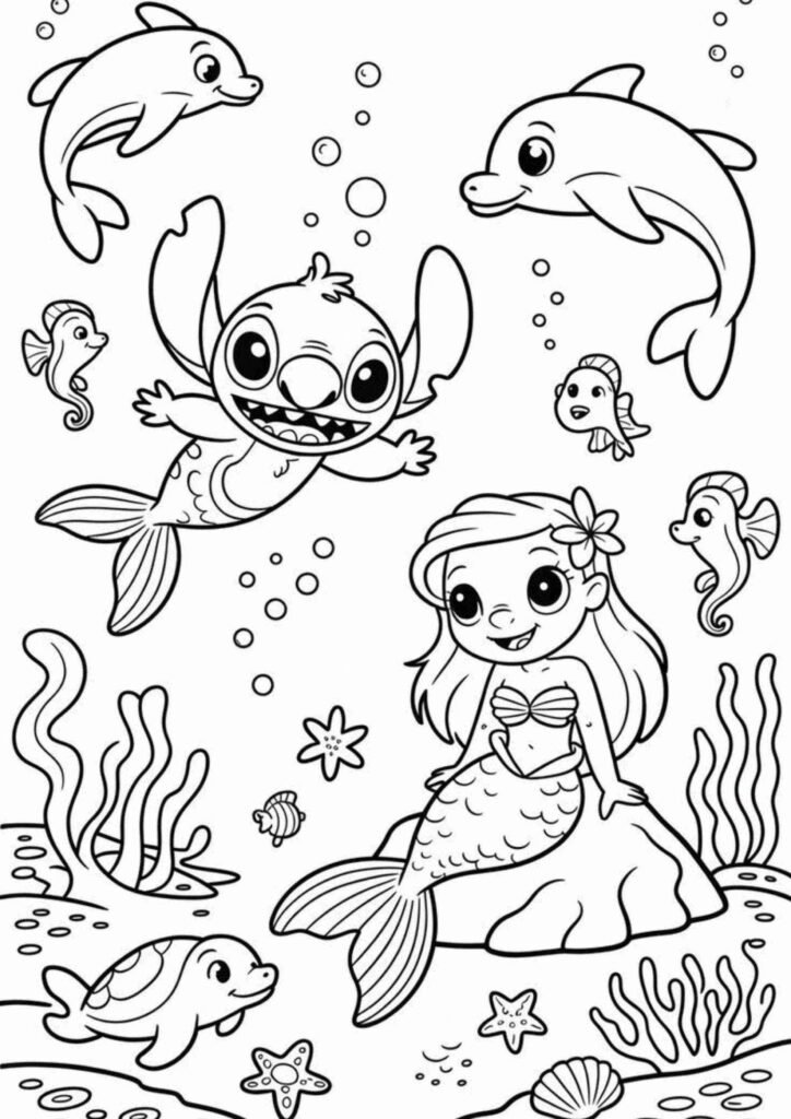 Stitch coloring page for kids featuring a cute smiling Stitch