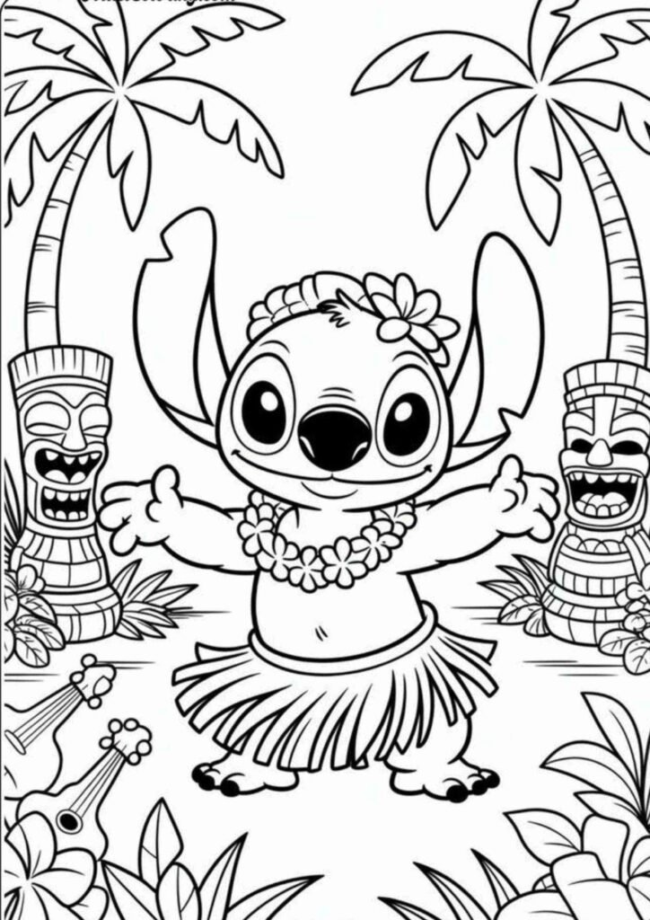 Stitch coloring page printable with big eyes and playful pose