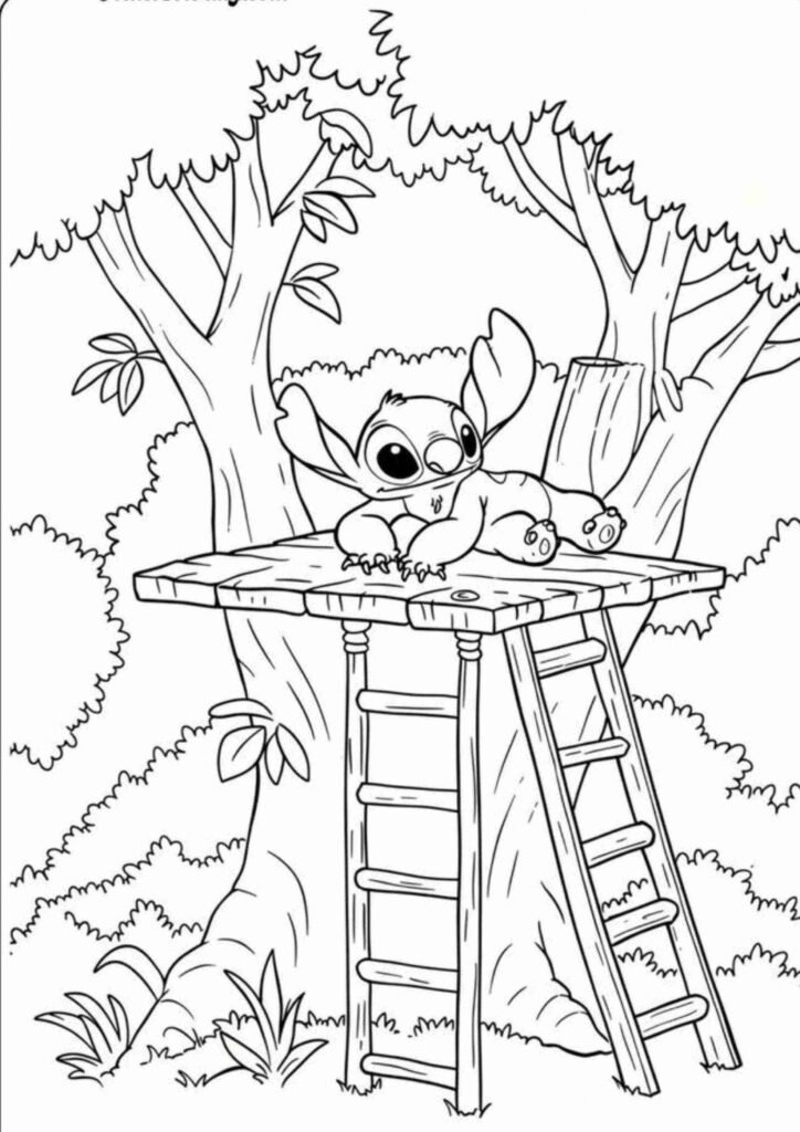 Stitch coloring page printable with big eyes and playful pose
