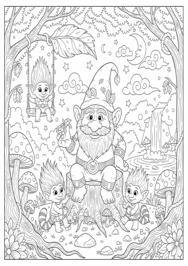 Smiling troll coloring page for kids