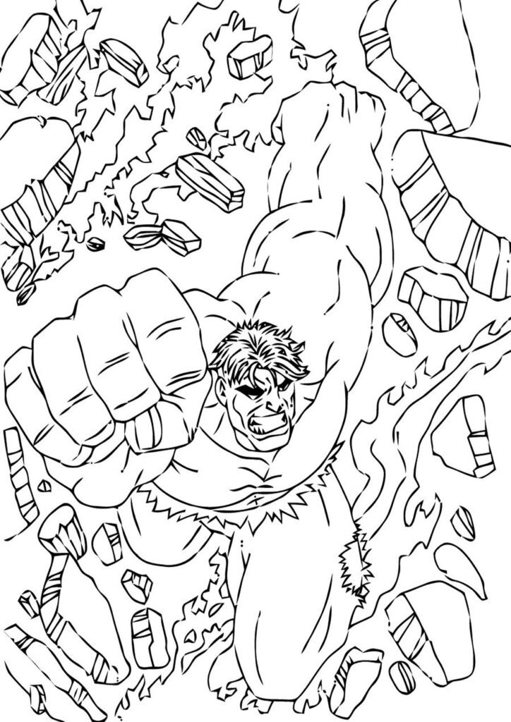 Incredible Hulk coloring page with Hulk smashing and roaring