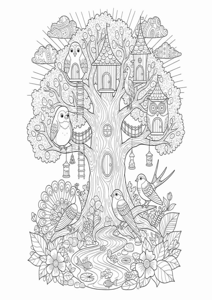 Bird coloring pages showing a perched bird on a tree branch