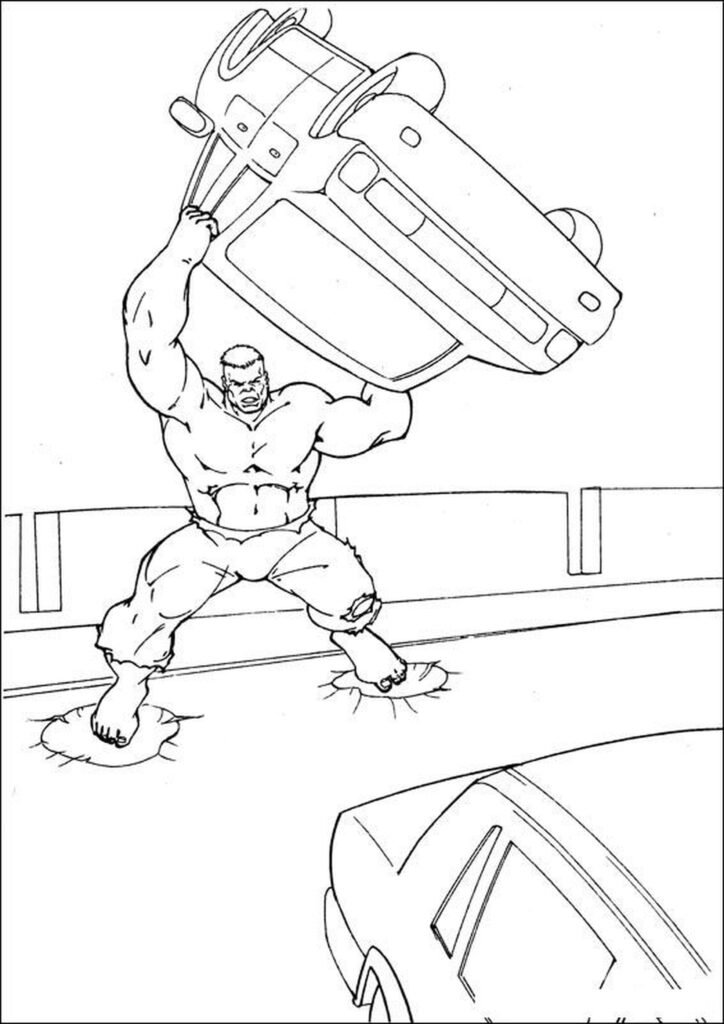 Incredible Hulk coloring page with Hulk smashing and roaring