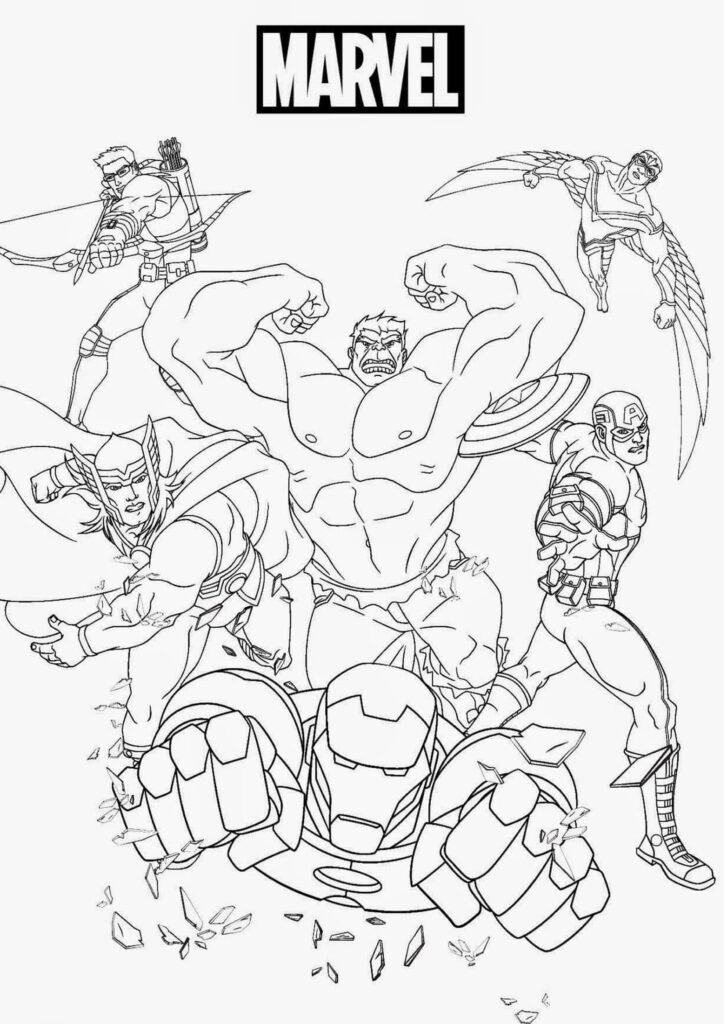 Marvel Hulk coloring page with Hulk smashing and roaring