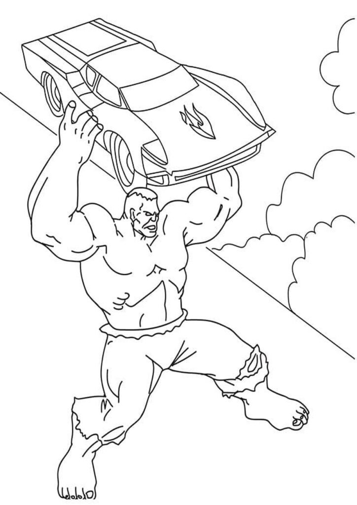 Incredible Hulk coloring page with Hulk smashing and roaring