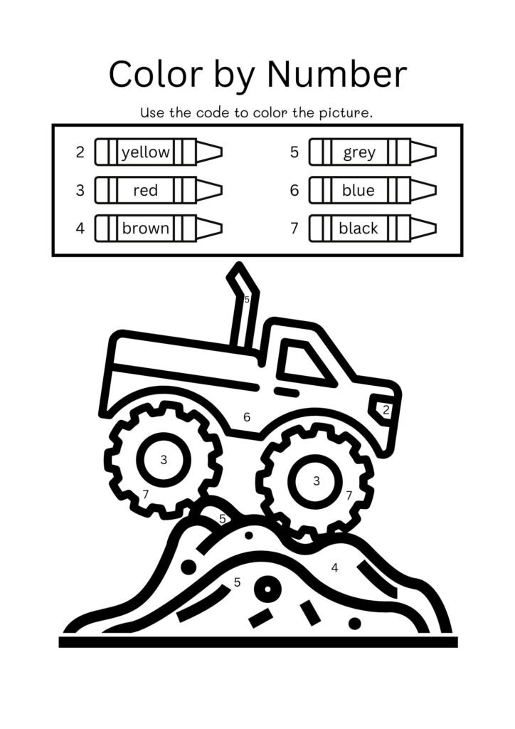 Black and White Fun Monster Truck Color by Number