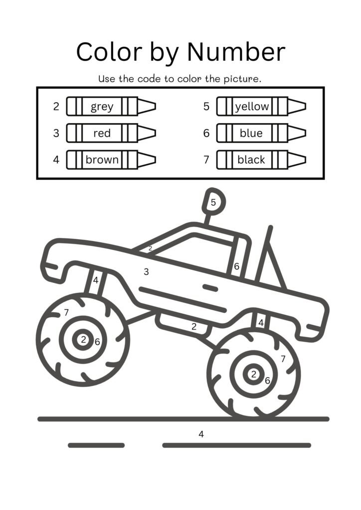 Black and White Fun Monster Truck Color by Number Worksheet