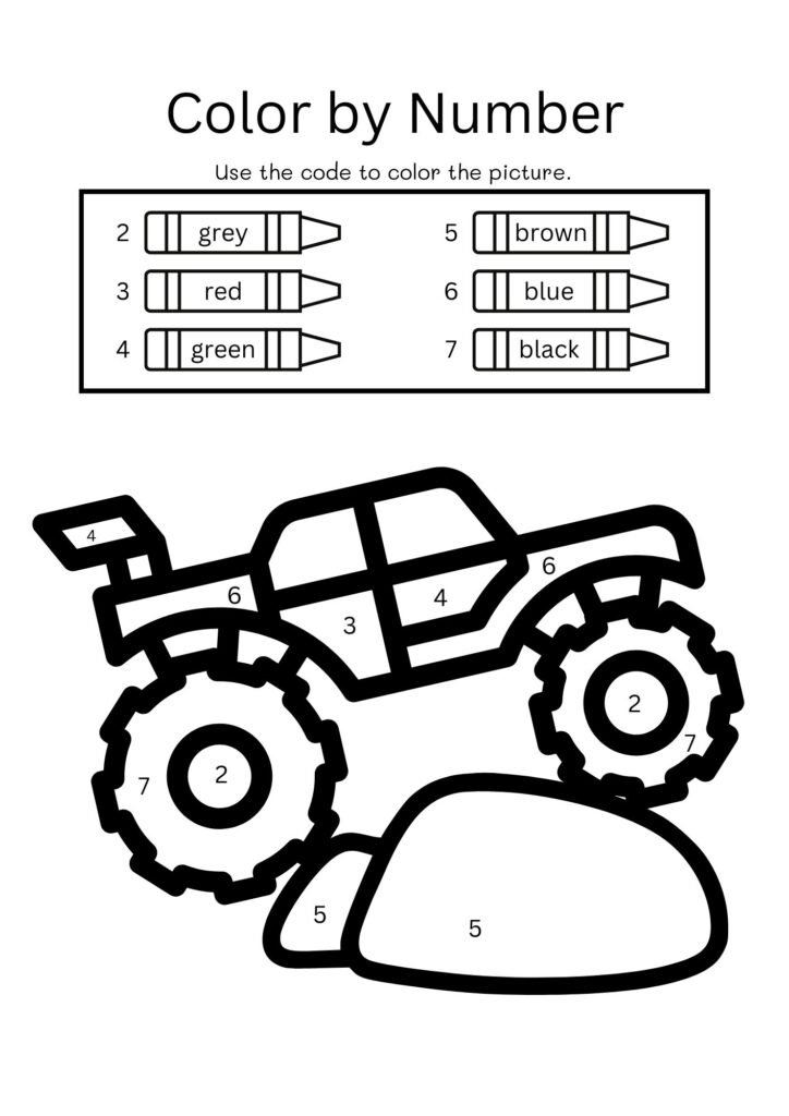 Black and White Monster Truck Color by Number Worksheet