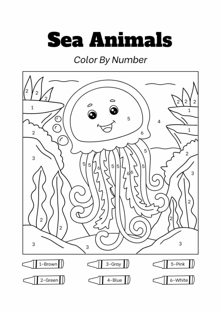 Sea Animals Color by Number Black and White Printable Style