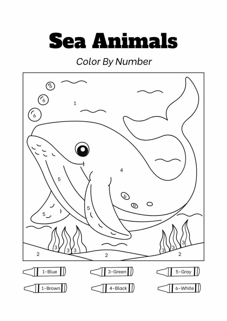 Sea Animals Color by Number Worksheet Black and White Printables