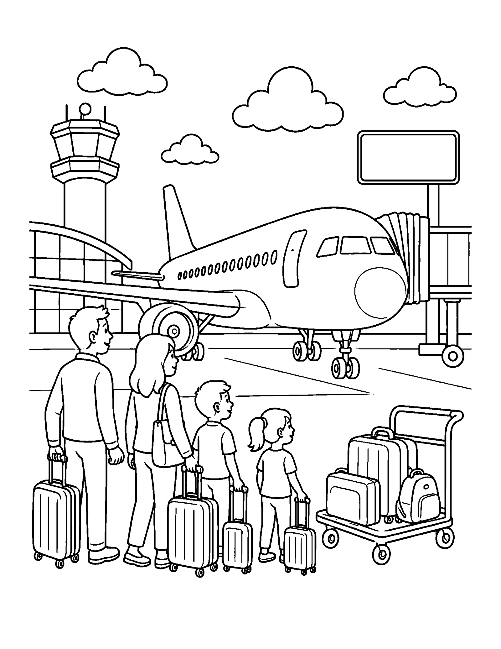 Printable airplane coloring page of a passenger plane at an airport