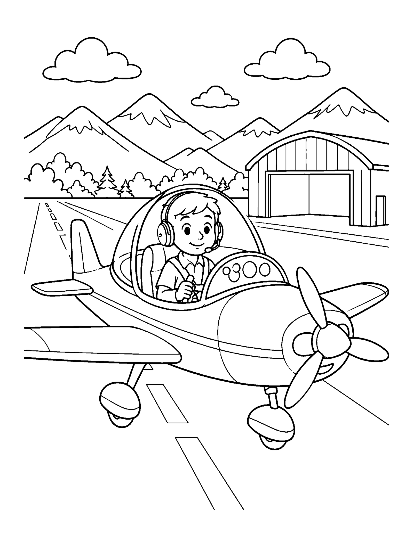 Printable airplane coloring page of a young pilot in a small airplane cockpit