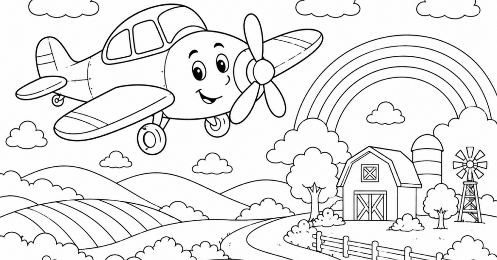 Airplane Coloring Page Collection for Curious Young Pilots Airplane coloring page feature image with a friendly propeller plane over a farm