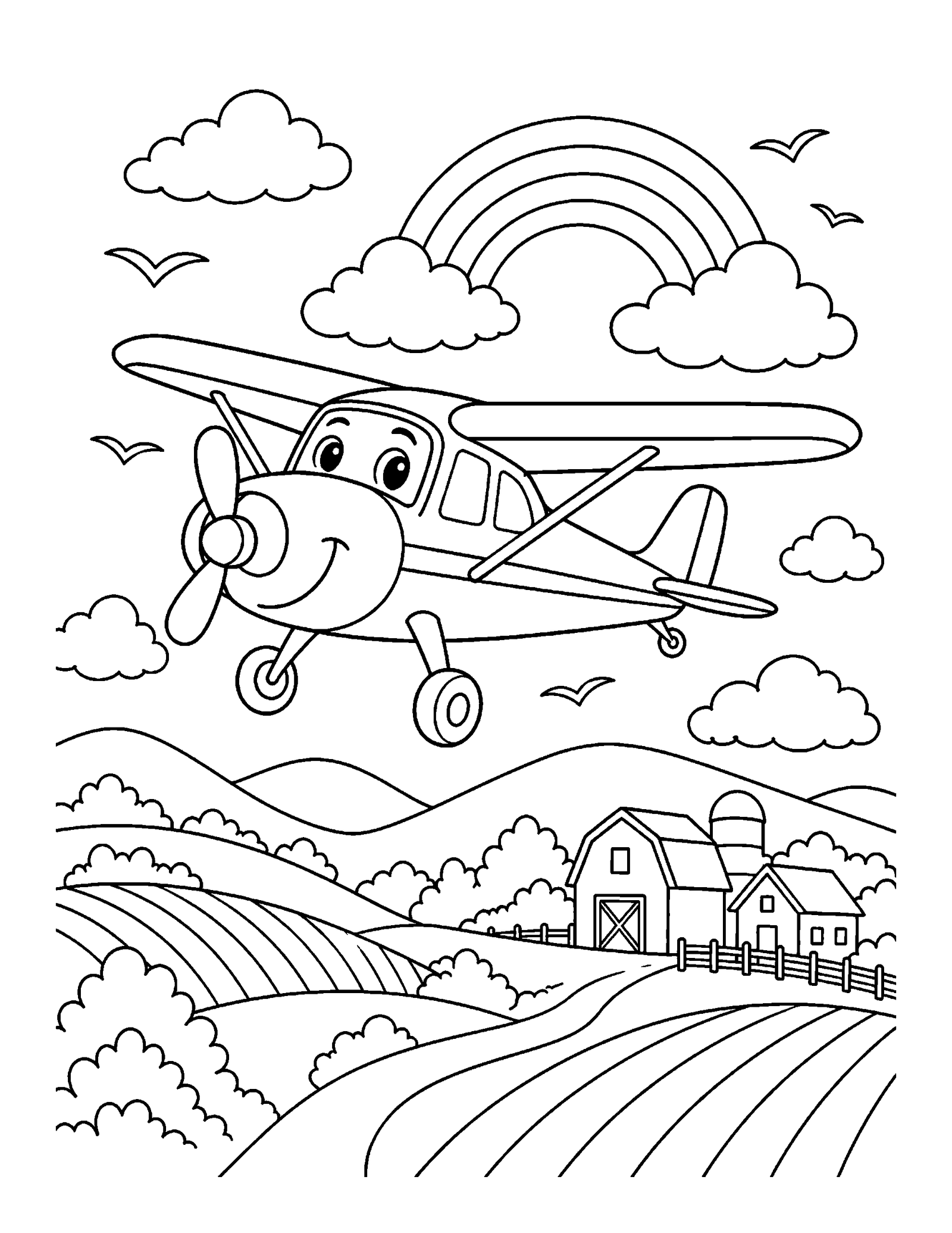 Printable airplane coloring page of a friendly propeller airplane flying over a farm