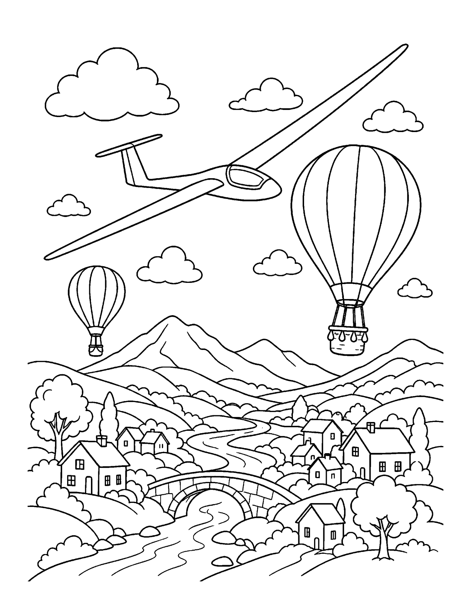 Printable airplane coloring page of a glider and balloons over a valley