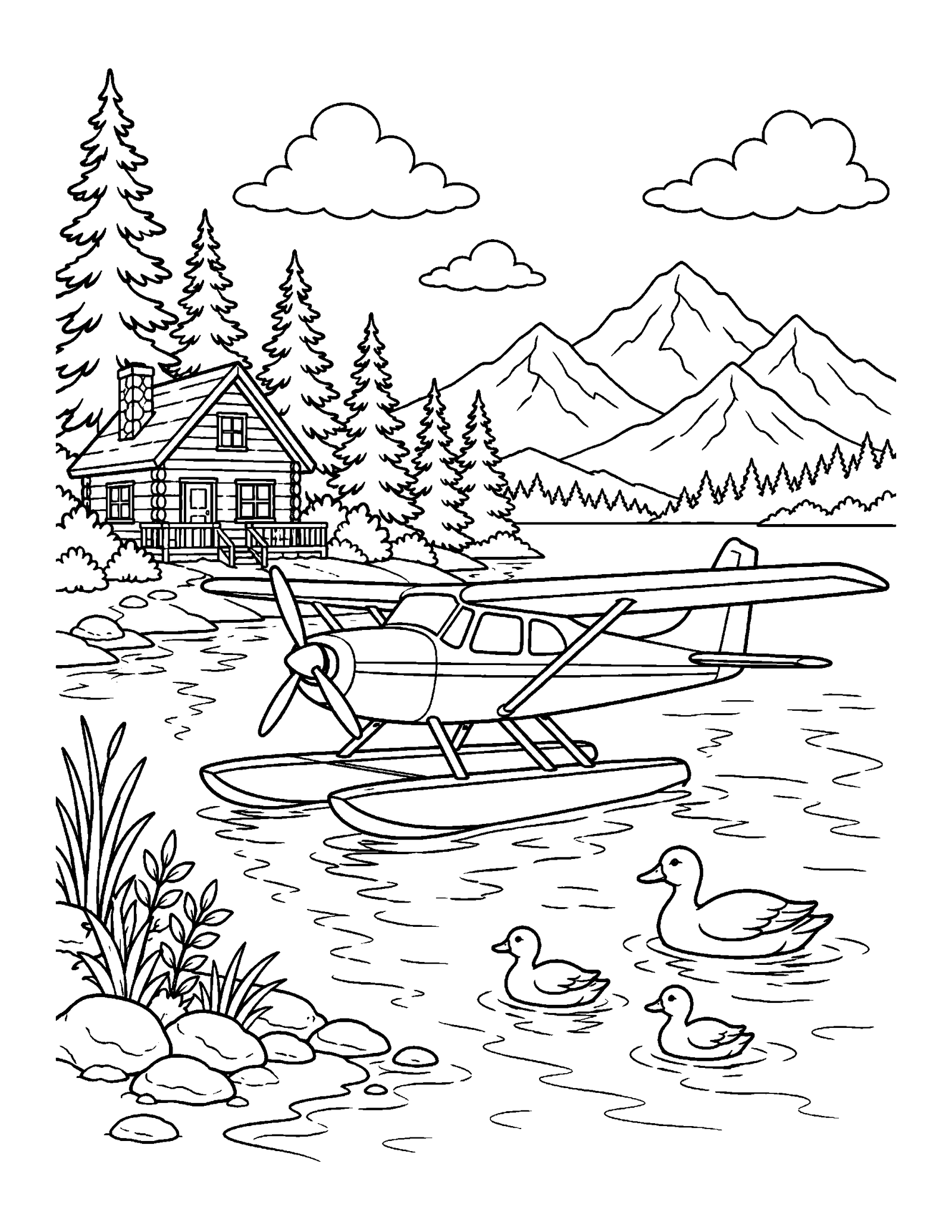Printable airplane coloring page of a seaplane floating on a lake