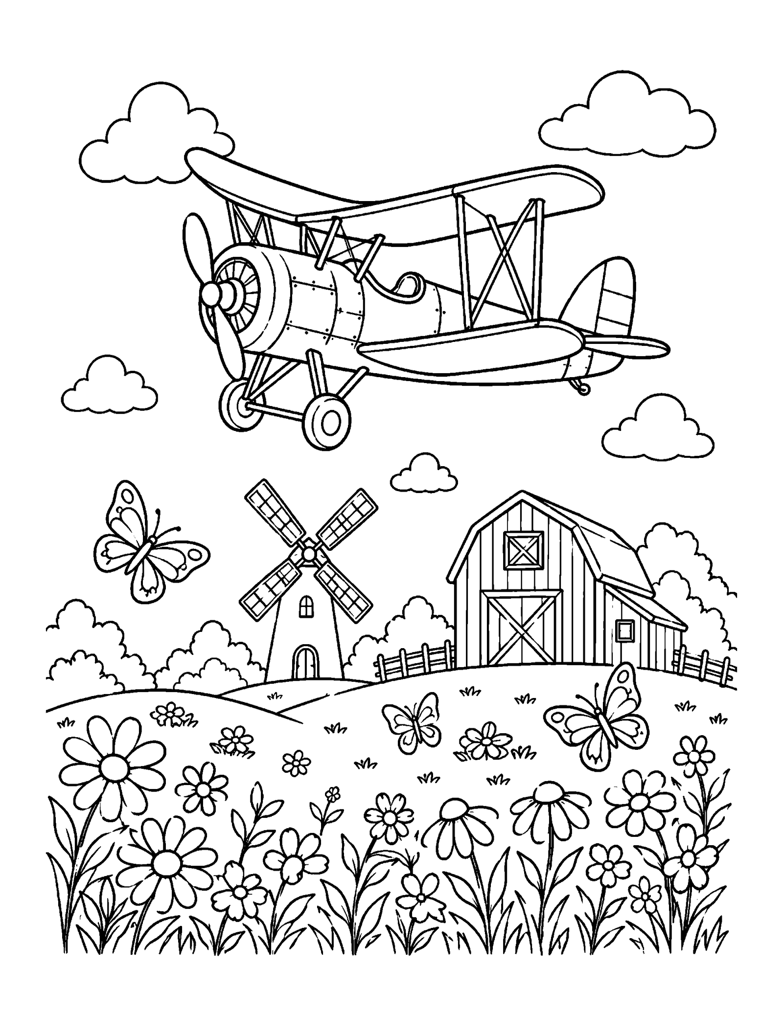 Printable airplane coloring page of a vintage biplane over a flower meadow