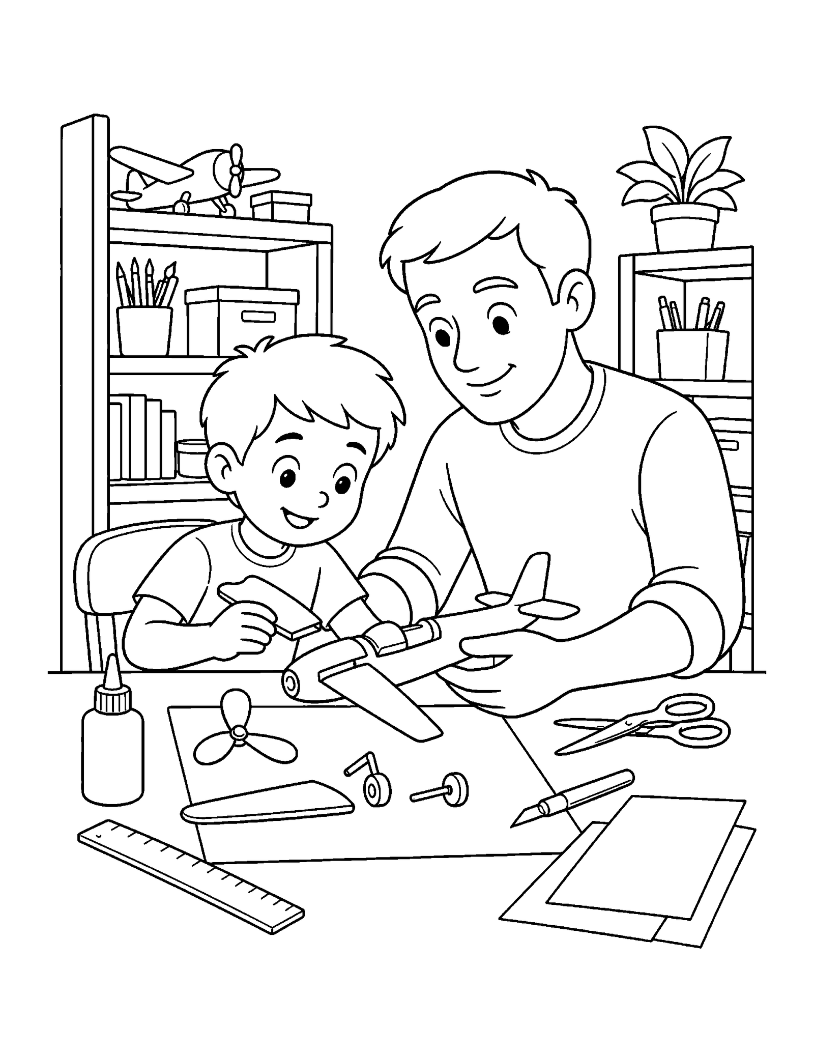 Printable airplane coloring page of a child building a model airplane