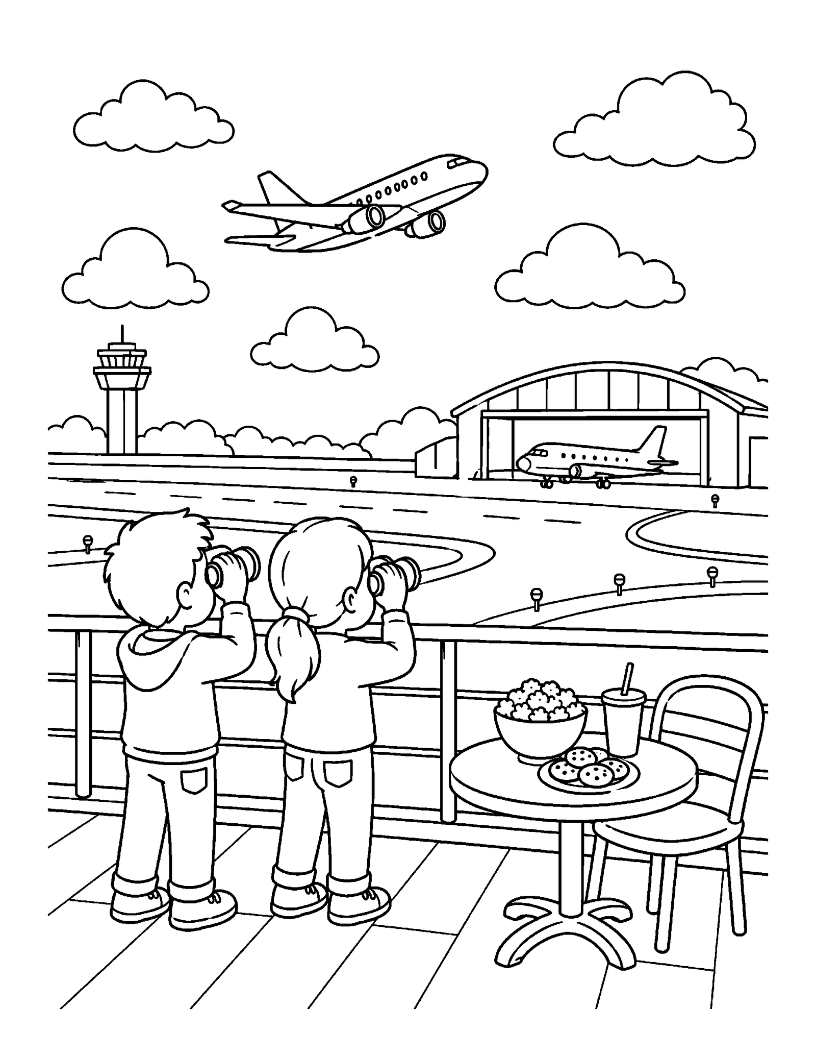 Printable airplane coloring page of children watching airplanes at an airport